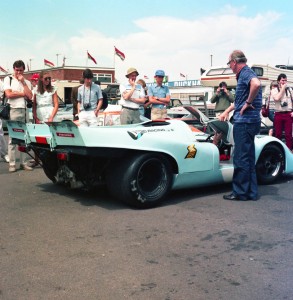 Stoic Racing Gulf liveried Porsche 917 in the Silverstone paddock in the 1980s